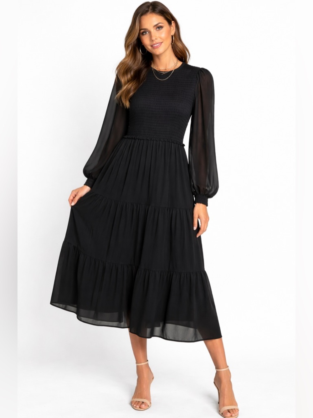 Artizia Wilfred Black Dress Sheer Sleeve Smocked Tiered Boho Cottagecore S